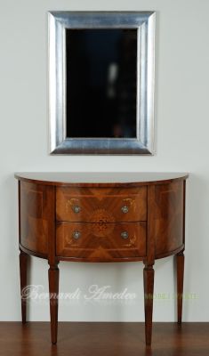 Consol semicerchio classica in legno di noce con intarsi e 2 cassetti